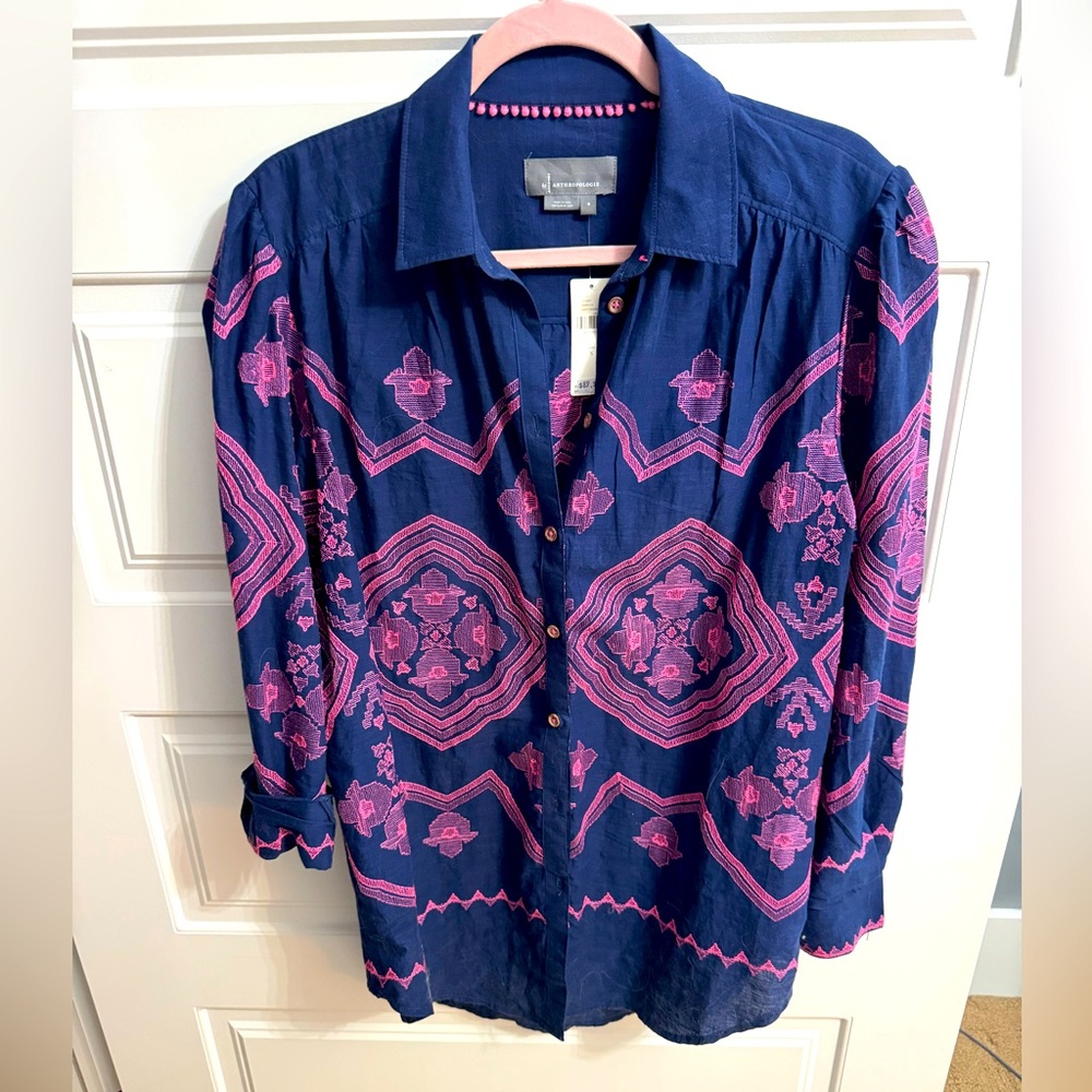Anthropologie Dark Blue and Pink Embroidered Shirt